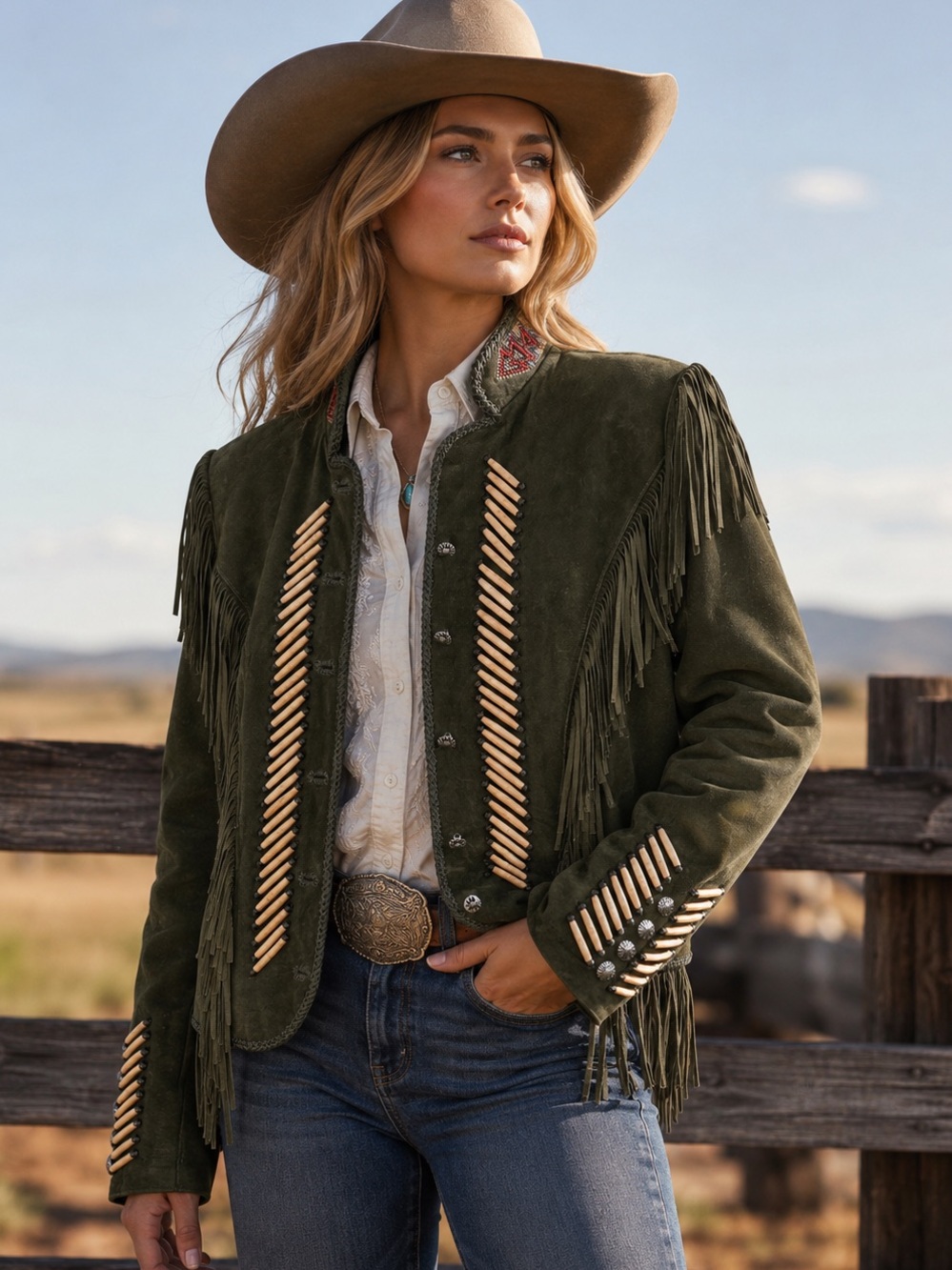 NWOT Diamond Leathers Vintage Western Bone Bead Fringe Leather Jacket | 10